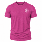 A heather pink short-sleeve crewneck t-shirt with a small white circular lead without fear logo printed on the left chest, displayed on a clean white background.