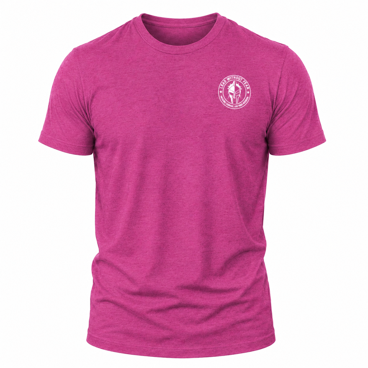 A heather pink short-sleeve crewneck t-shirt with a small white circular lead without fear logo printed on the left chest, displayed on a clean white background.