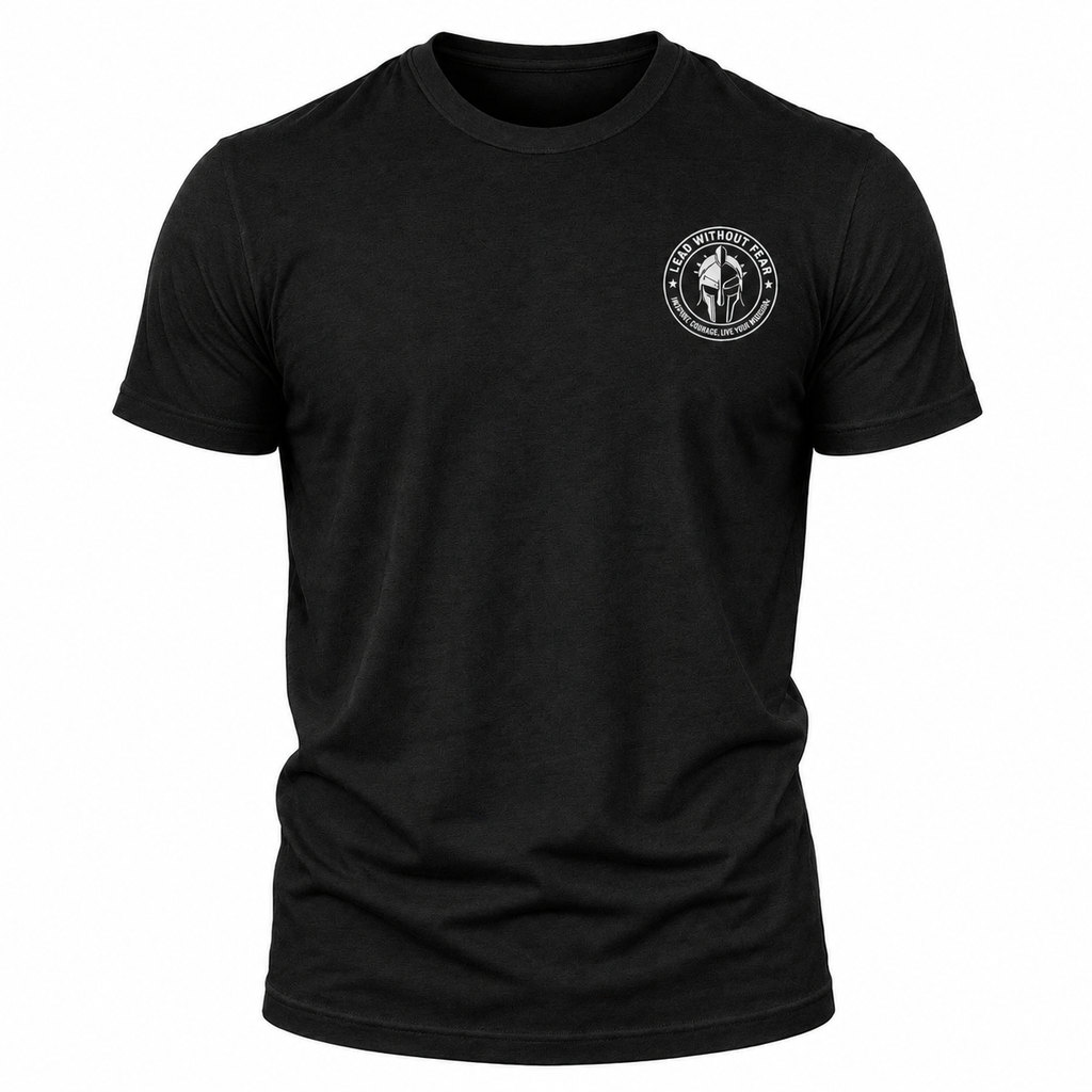 A black short-sleeve crewneck t-shirt with a white circular lead without fear chest graphic on the left side, displayed on a clean white background.