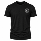 A black short-sleeve crewneck t-shirt with a white circular lead without fear chest graphic on the left side, displayed on a clean white background.