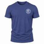 A heather blue crewneck t-shirt with a white circular lead without fear logo printed on the left chest, displayed on a clean white background.