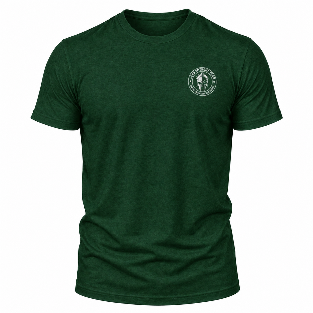 A dark green heather crewneck t-shirt with a small white circular lead without fear emblem printed on the left chest, displayed on a clean white background.