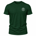 A dark green heather crewneck t-shirt with a small white circular lead without fear emblem printed on the left chest, displayed on a clean white background.