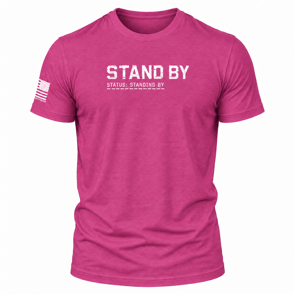 A Berry pink short-sleeve t-shirt with 'STAND BY' printed in distressed white letters on the chest, and a distressed white American flag graphic on the right sleeve.