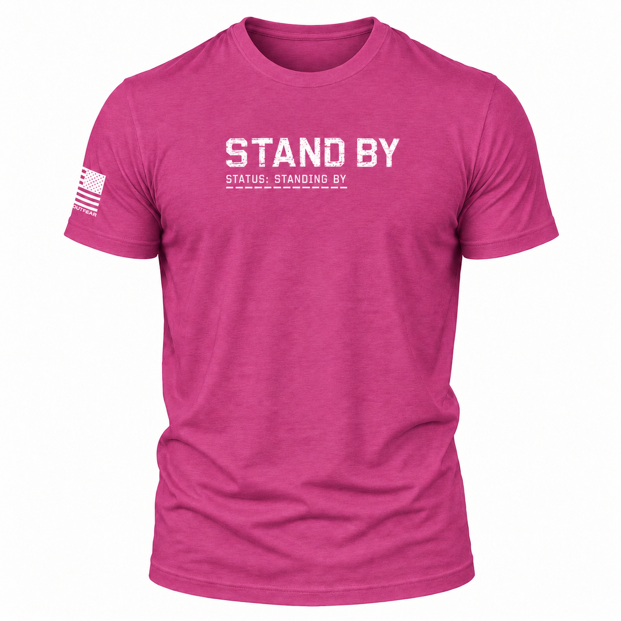 A Berry pink short-sleeve t-shirt with 'STAND BY' printed in distressed white letters on the chest, and a distressed white American flag graphic on the right sleeve.