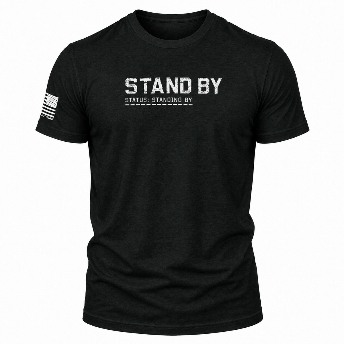 A black short-sleeve t-shirt with 'STAND BY' printed in distressed white letters on the chest, with 'STATUS: STANDING BY' underneath. A distressed black-and-white American flag is printed on the right sleeve.