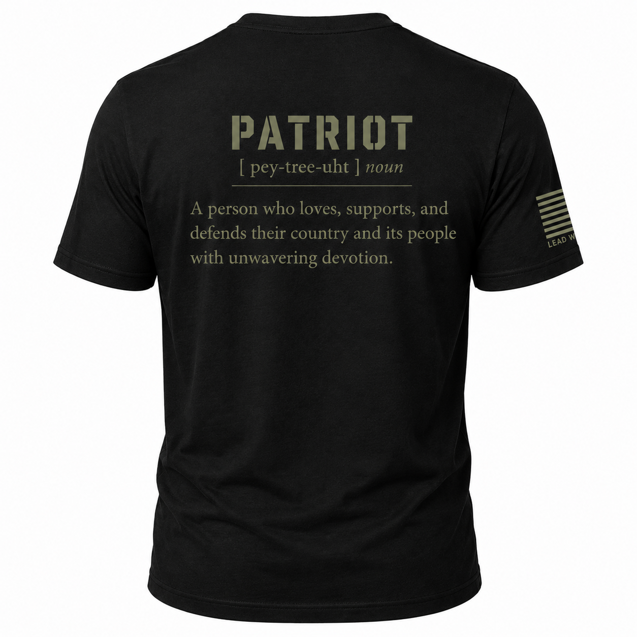 Black short-sleeve t-shirt shown from the back, featuring a printed dictionary-style definition of the word 'Patriot' in olive drab and white text, with a small American flag graphic and 'EST. 2021' on the sleeve.