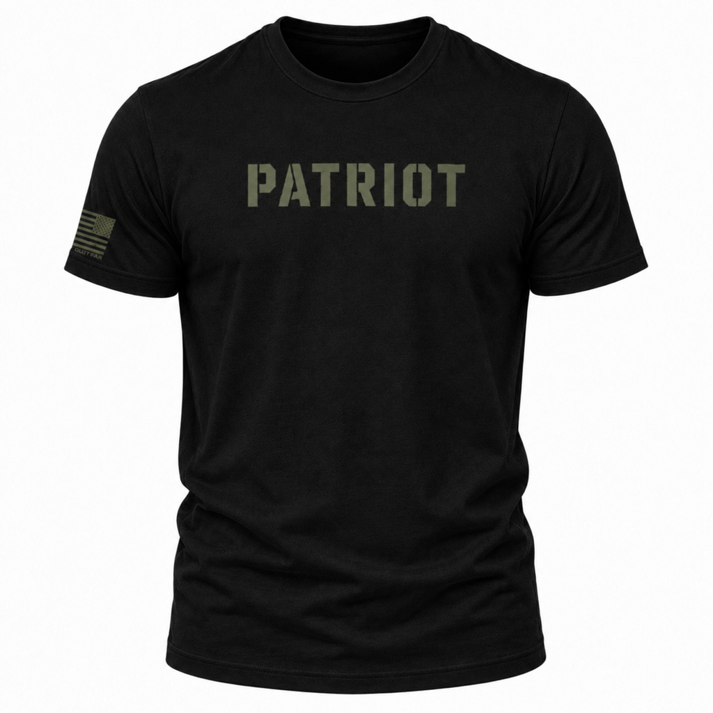 A black short-sleeve crewneck t-shirt featuring the word 'PATRIOT' printed in distressed olive green letters across the chest, with a small olive green American flag graphic on the right sleeve, shown against a plain white background.