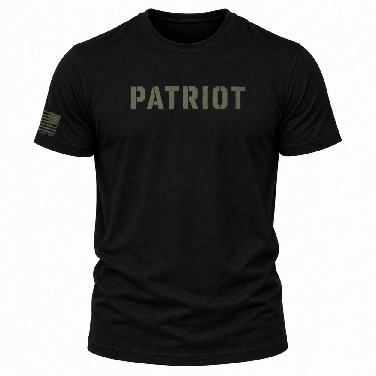A black short-sleeve crewneck t-shirt featuring the word 'PATRIOT' printed in distressed olive green letters across the chest, with a small olive green American flag graphic on the right sleeve, shown against a plain white background.