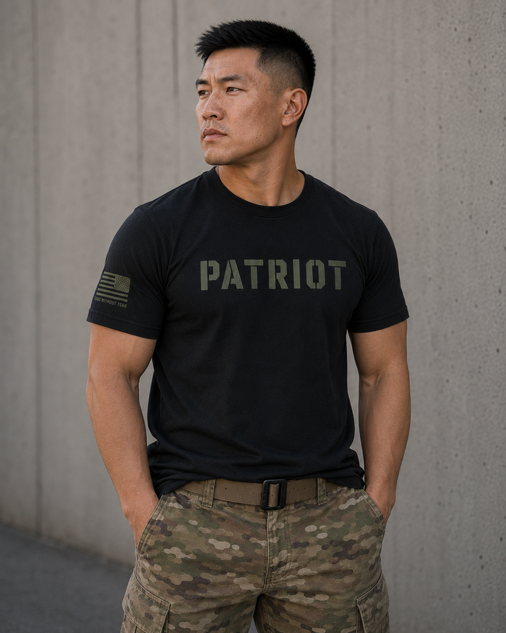 A man wearing a black short-sleeve t-shirt with 'PATRIOT' printed in olive green across the chest and a small American flag patch on the sleeve, paired with camouflage cargo pants, standing against a concrete wall.