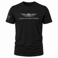 A black short-sleeve t-shirt with a 'LEAD WITHOUT FEAR' graphic on the chest featuring a silver winged emblem with blue accents and a distressed American flag on the right sleeve, shown on a plain white background.