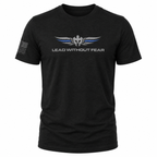 A black short-sleeve t-shirt with a 'LEAD WITHOUT FEAR' graphic on the chest featuring a silver winged emblem with blue accents and a distressed American flag on the right sleeve, shown on a plain white background.