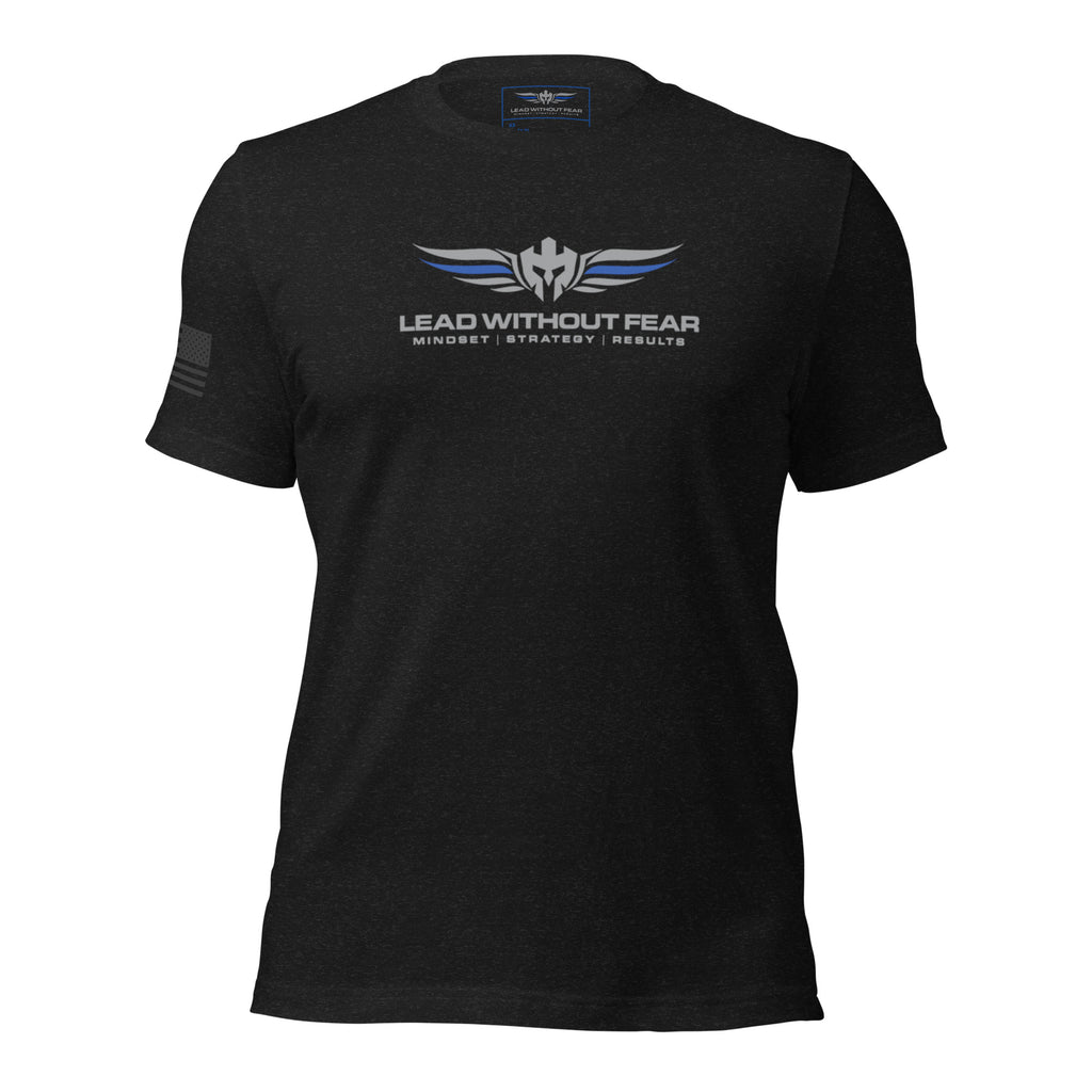 Lead Without Fear thin blue line t-shirt, Bella+Canvas 3001, black tee with blue line and helmet wings logo honoring law enforcement.