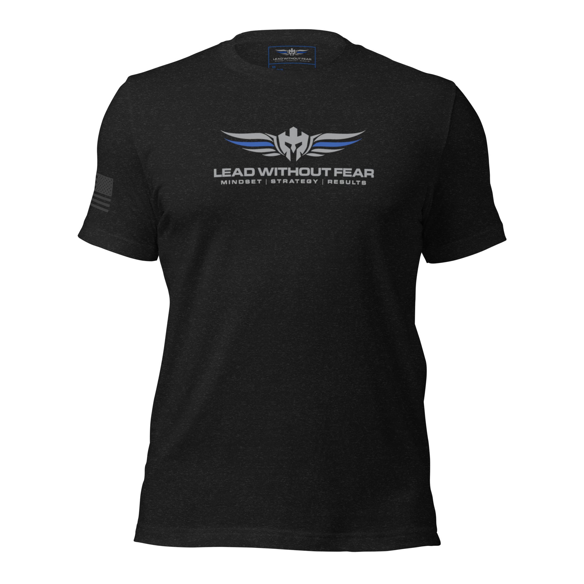 Lead Without Fear thin blue line t-shirt, Bella+Canvas 3001, black tee with blue line and helmet wings logo honoring law enforcement.