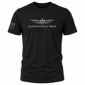 A black short-sleeve t-shirt with a 'LEAD WITHOUT FEAR' graphic on the chest featuring a winged emblem with green and white accents, and a distressed American flag on the right sleeve.