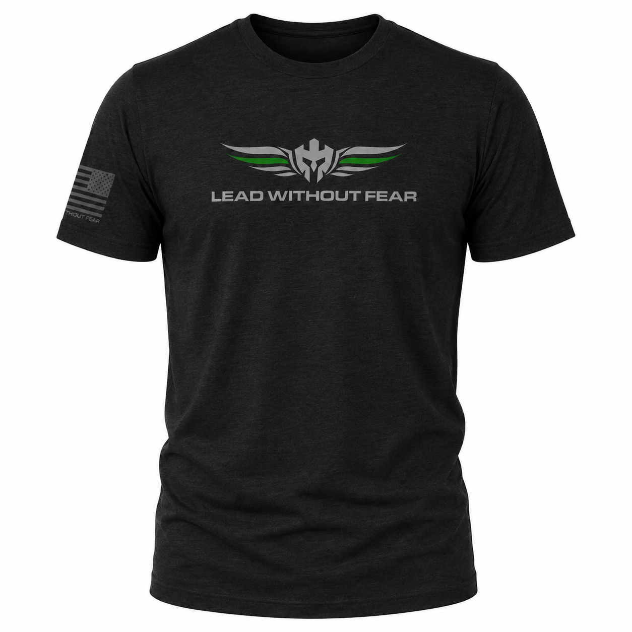 A black short-sleeve t-shirt with a 'LEAD WITHOUT FEAR' graphic on the chest featuring a winged emblem with green and white accents, and a distressed American flag on the right sleeve.