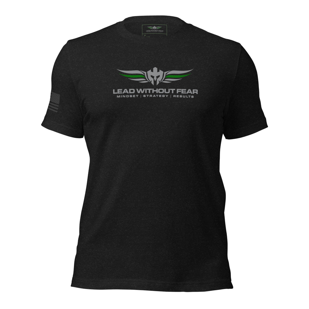Lead Without Fear thin green line t-shirt, Bella+Canvas 3001, black tee with green line and helmet wings logo honoring military and federal service.