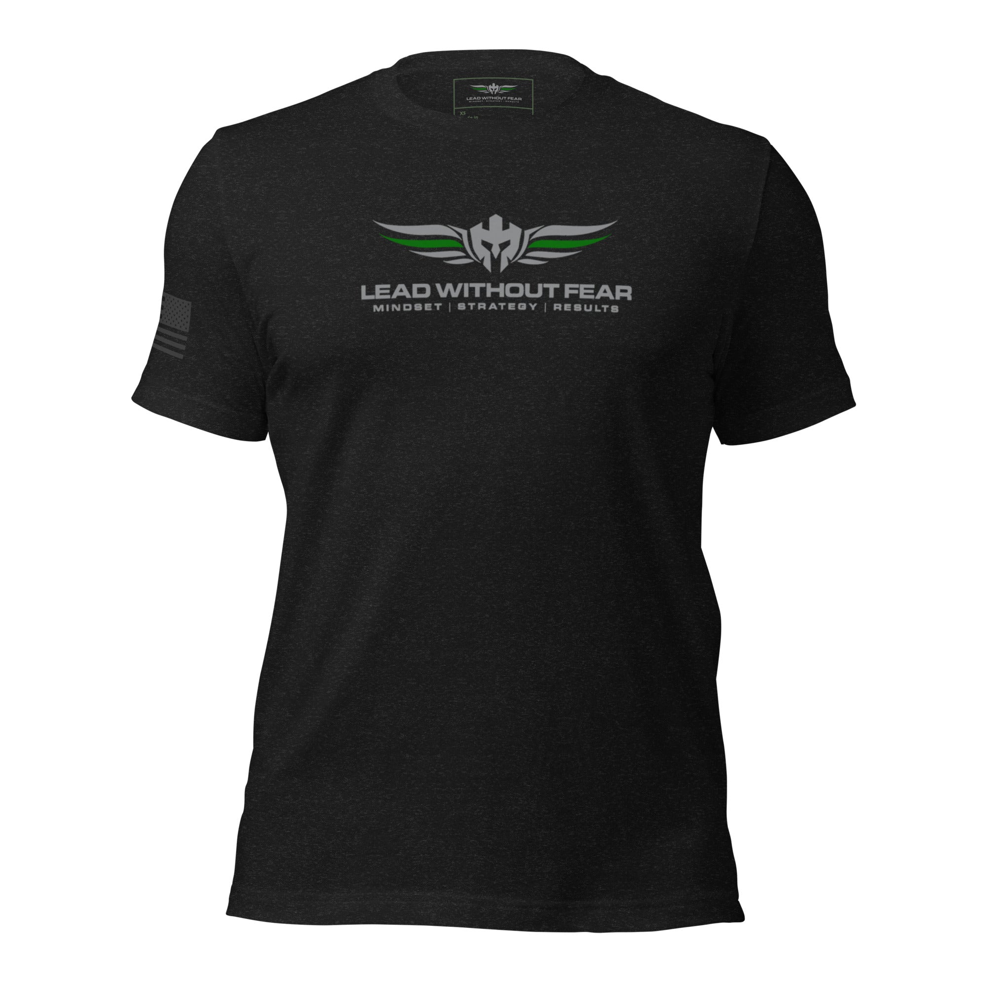Lead Without Fear thin green line t-shirt, Bella+Canvas 3001, black tee with green line and helmet wings logo honoring military and federal service.