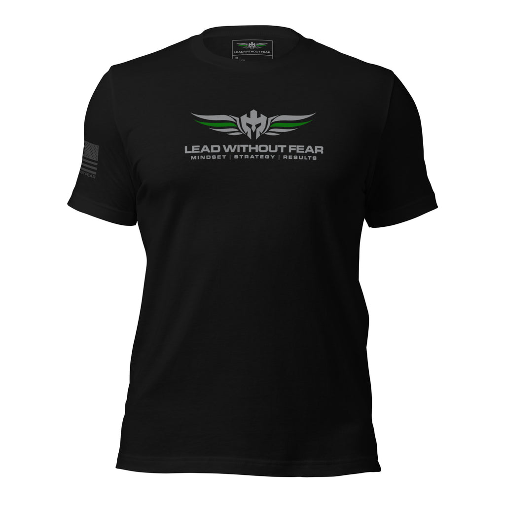 lead without fear thin green line tee, front view, 100% combed ring-spun cotton