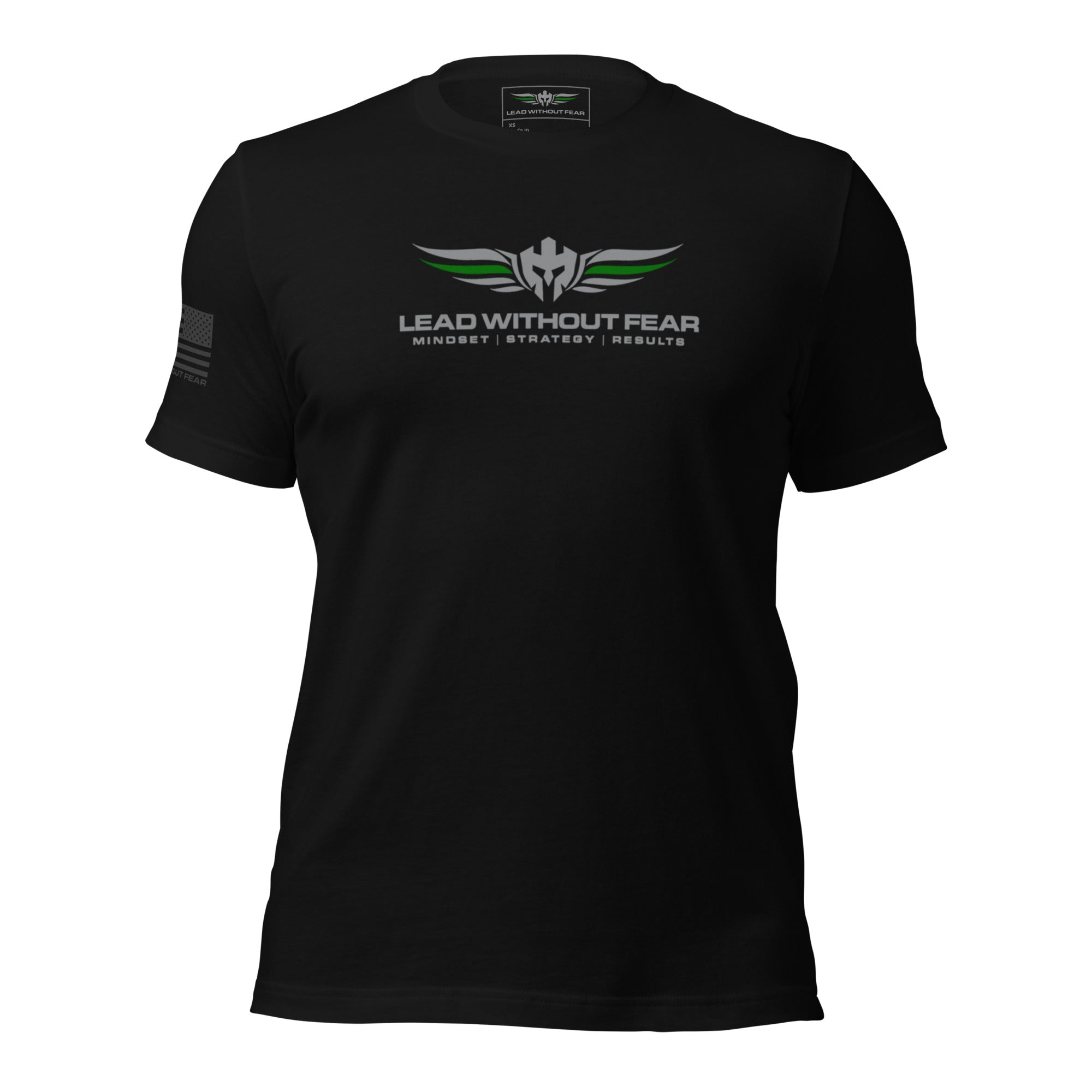 lead without fear thin green line tee, front view, 100% combed ring-spun cotton