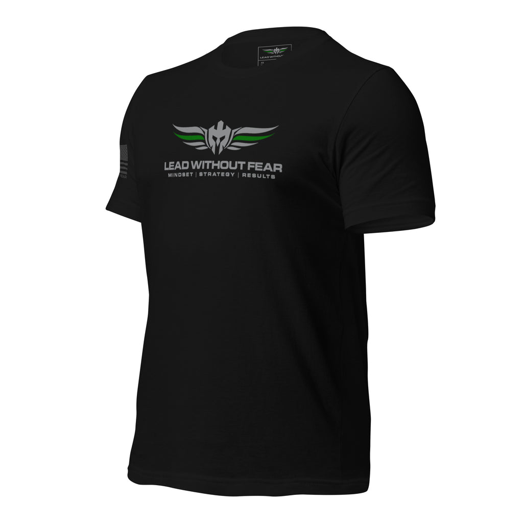 lead without fear thin green line tee, front view, 100% combed ring-spun cotton

