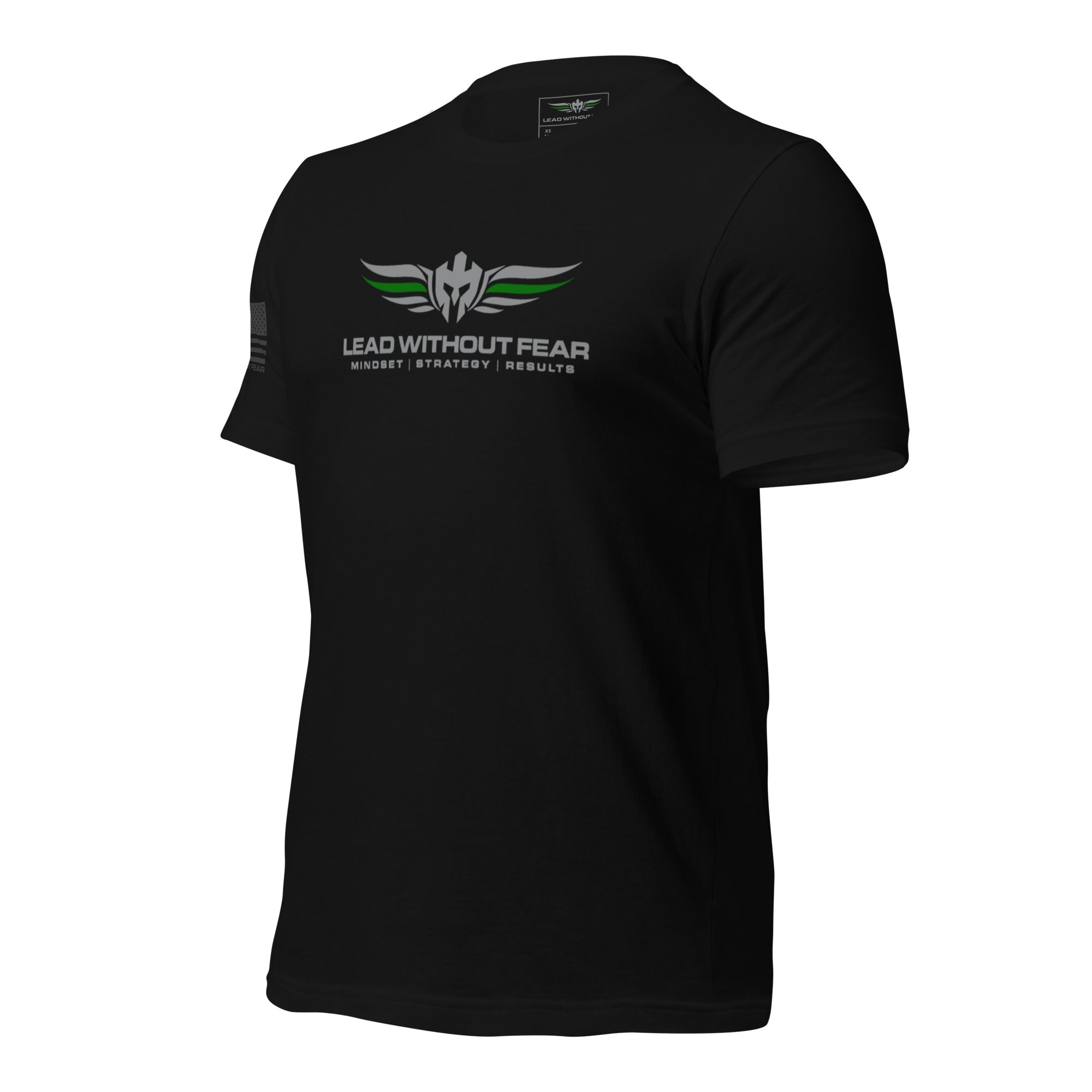 lead without fear thin green line tee, front view, 100% combed ring-spun cotton
