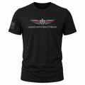 A black short-sleeve t-shirt with a 'LEAD WITHOUT FEAR' graphic on the chest featuring a winged helmet emblem in gray and red, and a distressed gray American flag on the right sleeve, shown on a plain white background.