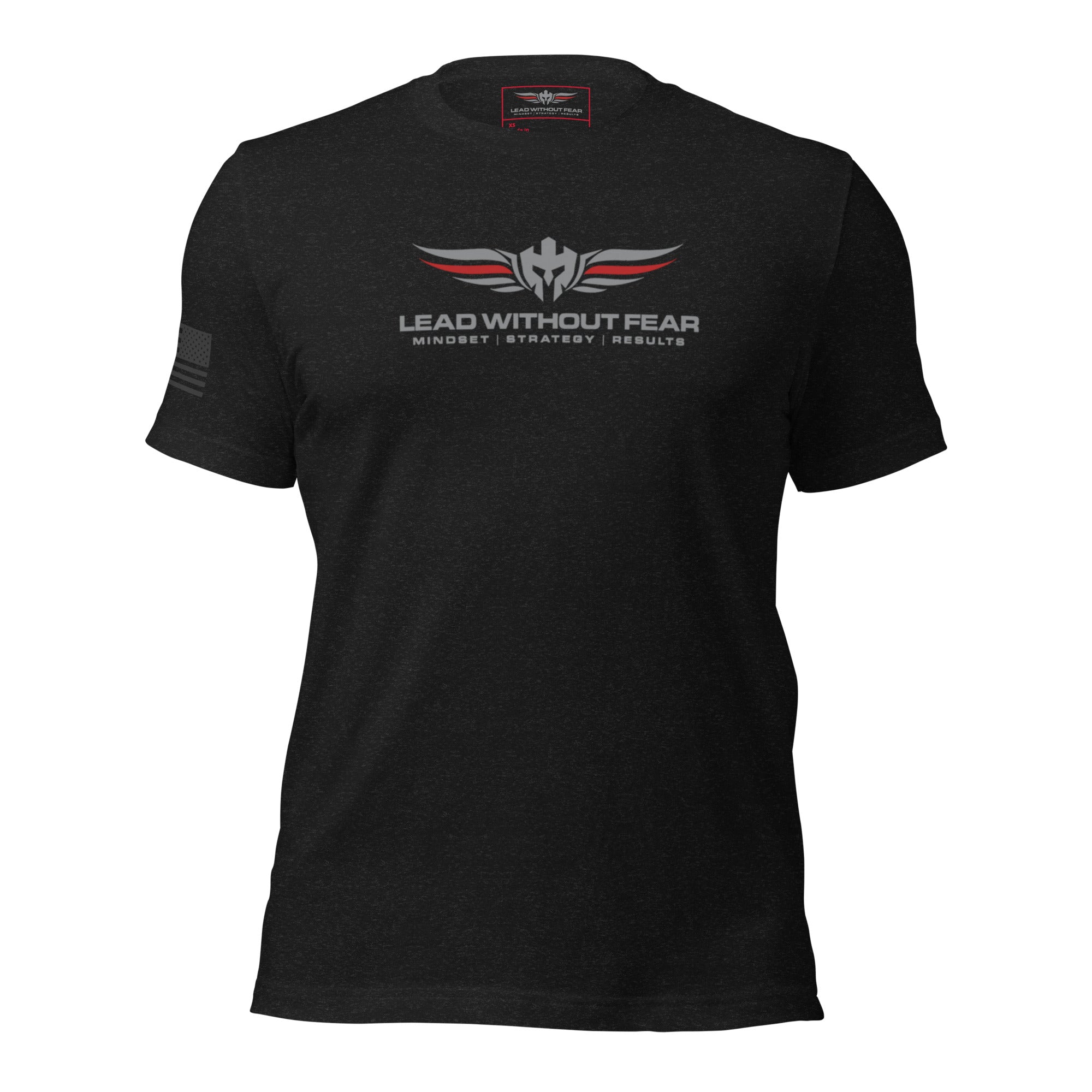 Lead Without Fear thin red line t-shirt, Bella+Canvas 3001, black tee with red line and helmet wings logo honoring firefighters.