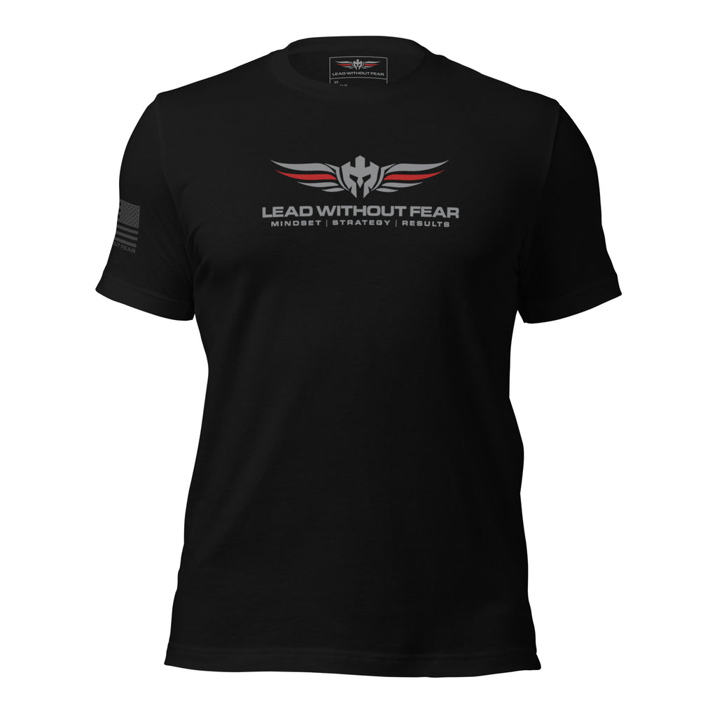 lead without fear thin red line tee, front view, 100% combed ring-spun cotton