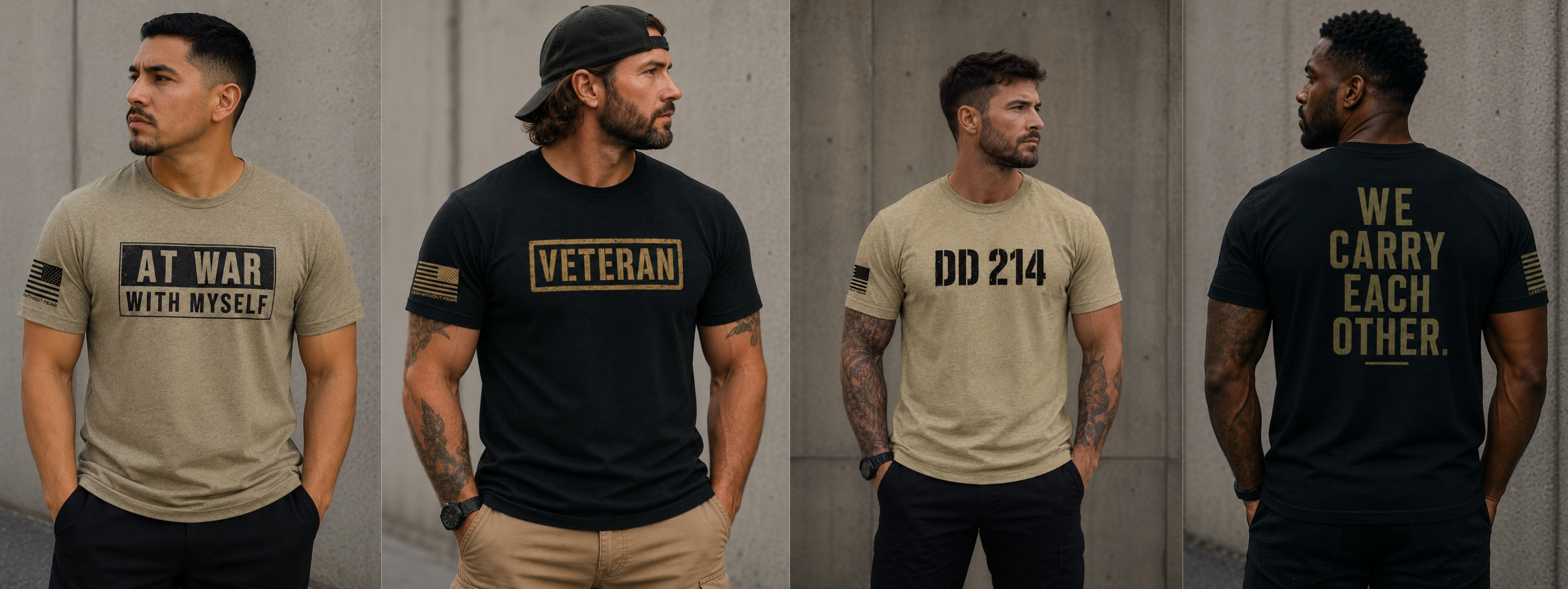 Four men shown from the front and back wearing tactical-style graphic t-shirts in tan and black. The tan shirts read 'AT WAR WITH MYSELF' and 'DD 214', while the black shirts read 'VETERAN' and 'WE CARRY EACH OTHER'.