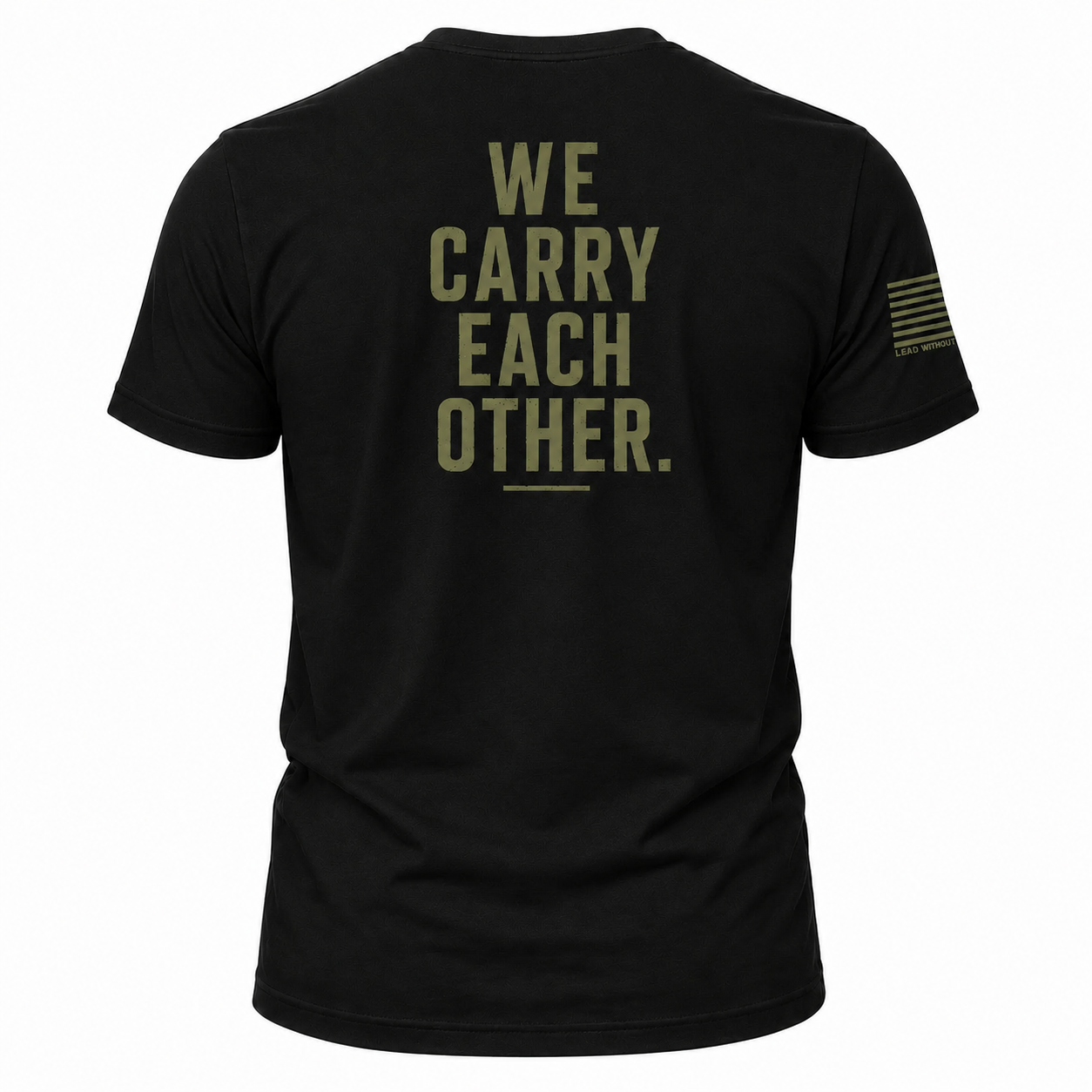 Black military style shirt with olive green graphic saying We Carry Each Other. An American Flag is on the sleeve. Patriotic Veteran Shirt.