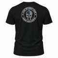 A black short-sleeve t-shirt shown from the back, featuring a circular white graphic with a Spartan helmet and a thin blue line American flag design, with the text 'LEAD WITHOUT FEAR' and 'COURAGE - SERVICE - SACRifice'.