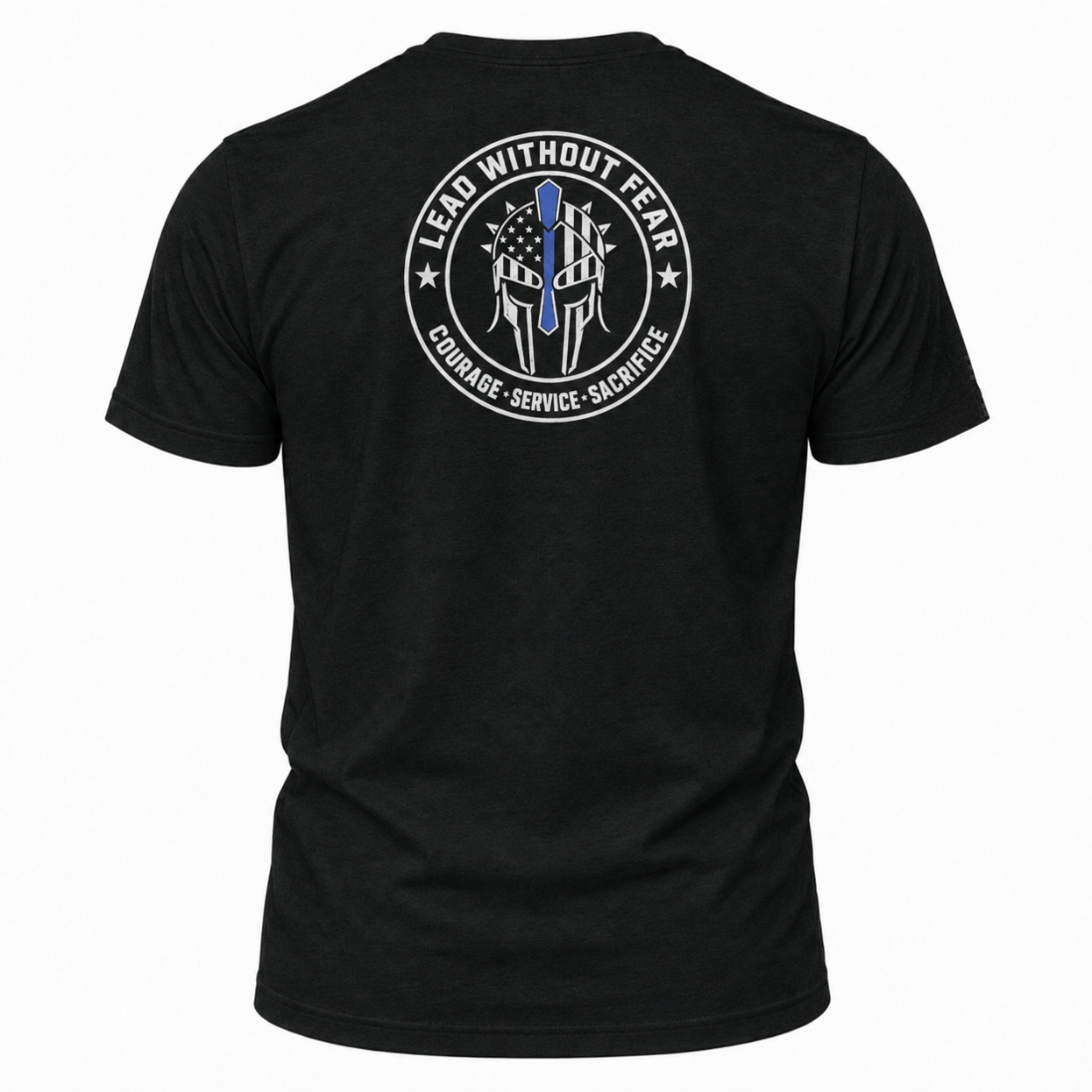 A black short-sleeve t-shirt shown from the back, featuring a circular white graphic with a Spartan helmet and a thin blue line American flag design, with the text 'LEAD WITHOUT FEAR' and 'COURAGE - SERVICE - SACRifice'.