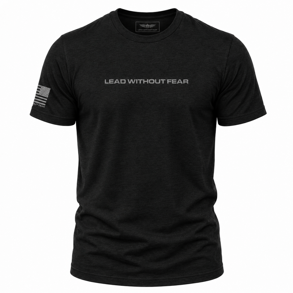 A black short-sleeve crewneck t-shirt with 'LEAD WITHOUT FEAR' printed in white across the chest and a small American flag graphic on the right sleeve, shown on a plain white background.