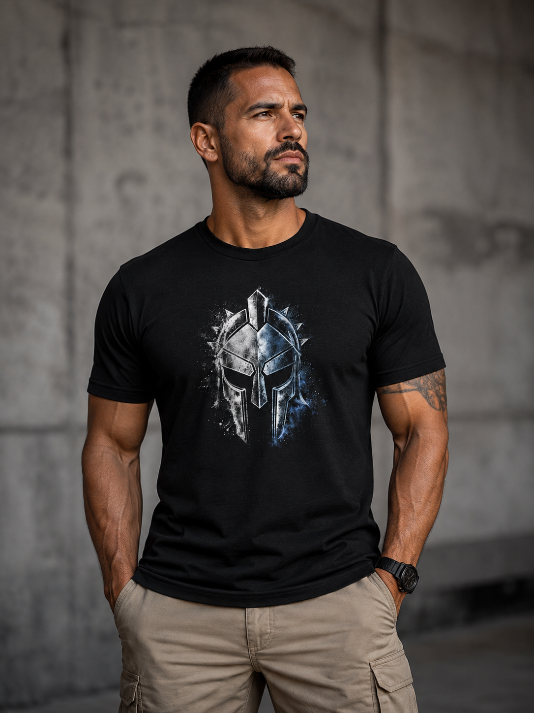 A man wearing a black short-sleeve t-shirt with a metallic Spartan helmet graphic on the chest, paired with khaki cargo pants, standing against a gray concrete wall.