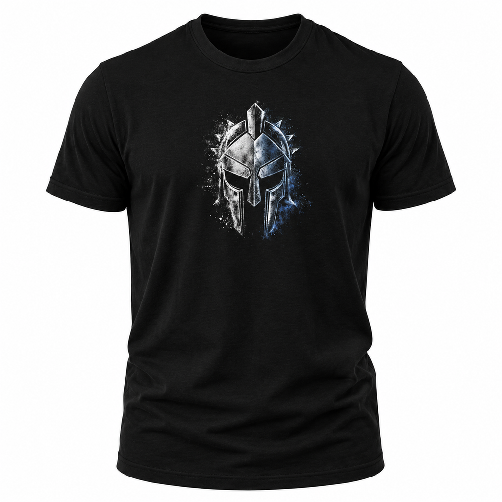 A black short-sleeve crewneck t-shirt featuring a distressed graphic of a Spartan helmet in metallic silver and blue on the chest, displayed against a solid white background.