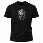 A black short-sleeve crewneck t-shirt featuring a distressed graphic of a Spartan helmet in metallic silver and blue on the chest, displayed against a solid white background.