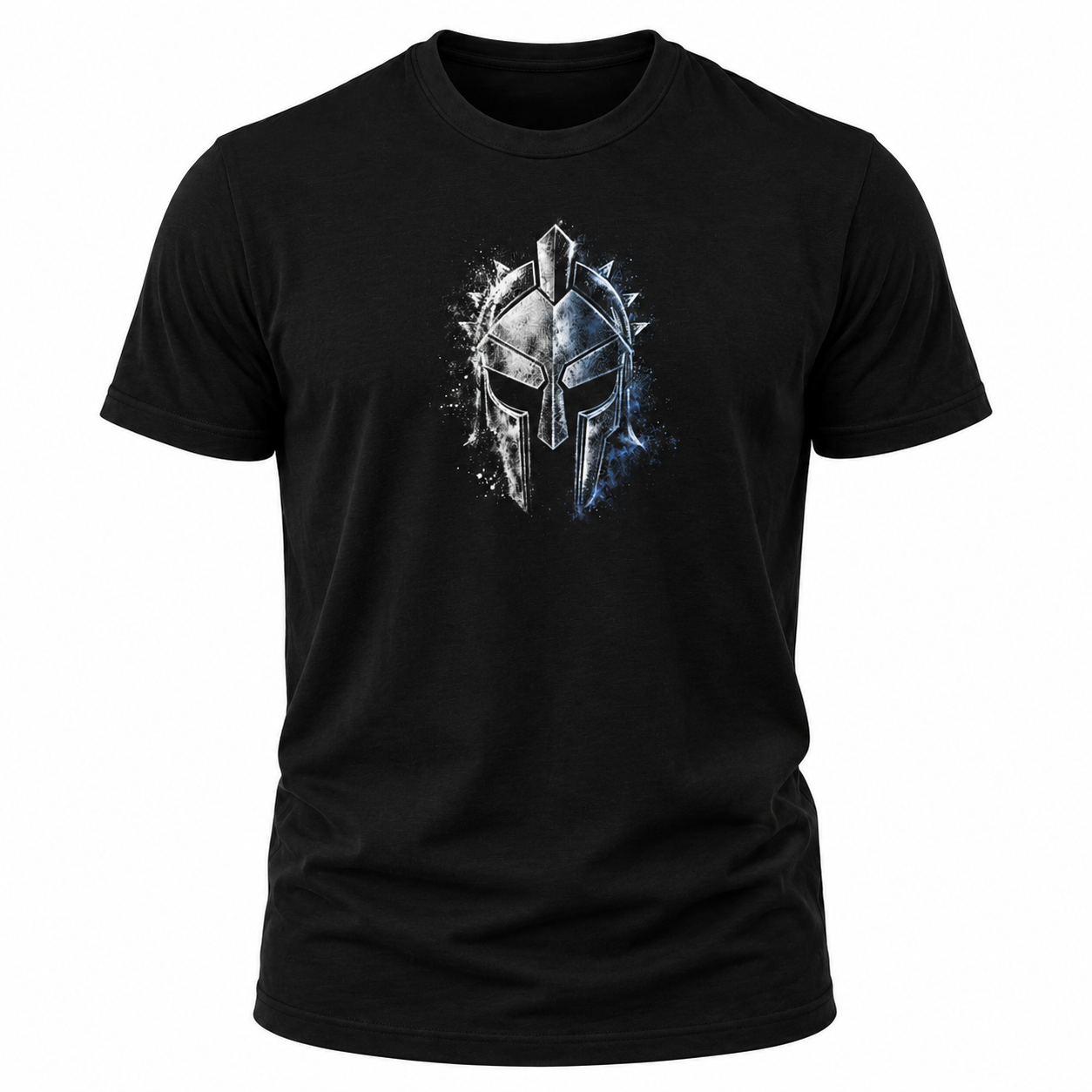 A black short-sleeve crewneck t-shirt featuring a distressed graphic of a Spartan helmet in metallic silver and blue on the chest, displayed against a solid white background.