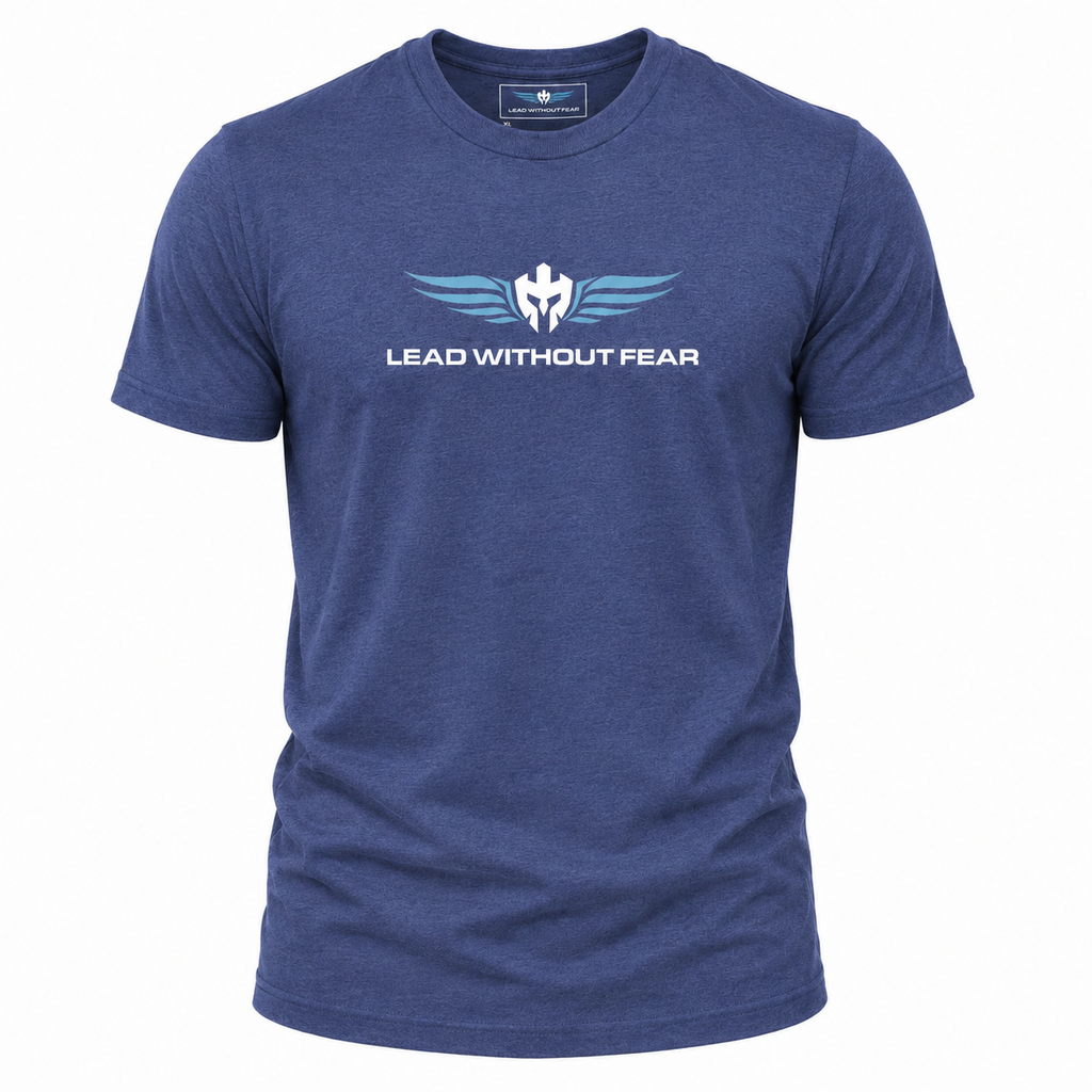 A heathered blue short-sleeve t-shirt with a white and light blue winged logo and the text 'LEAD WITHOUT FEAR' printed on the chest, displayed on a clean white background.