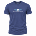 A heathered blue short-sleeve t-shirt with a white and light blue winged logo and the text 'LEAD WITHOUT FEAR' printed on the chest, displayed on a clean white background.