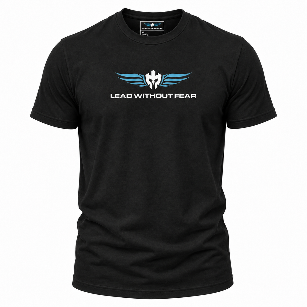 A black short-sleeve crewneck t-shirt featuring a white and blue graphic on the chest with the text 'LEAD WITHOUT FEAR' and a winged emblem, displayed on a solid white background.