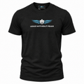 A black short-sleeve crewneck t-shirt featuring a white and blue graphic on the chest with the text 'LEAD WITHOUT FEAR' and a winged emblem, displayed on a solid white background.