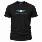 A black short-sleeve crewneck t-shirt featuring a white and blue graphic on the chest with the text 'LEAD WITHOUT FEAR' and a winged emblem, displayed on a solid white background.