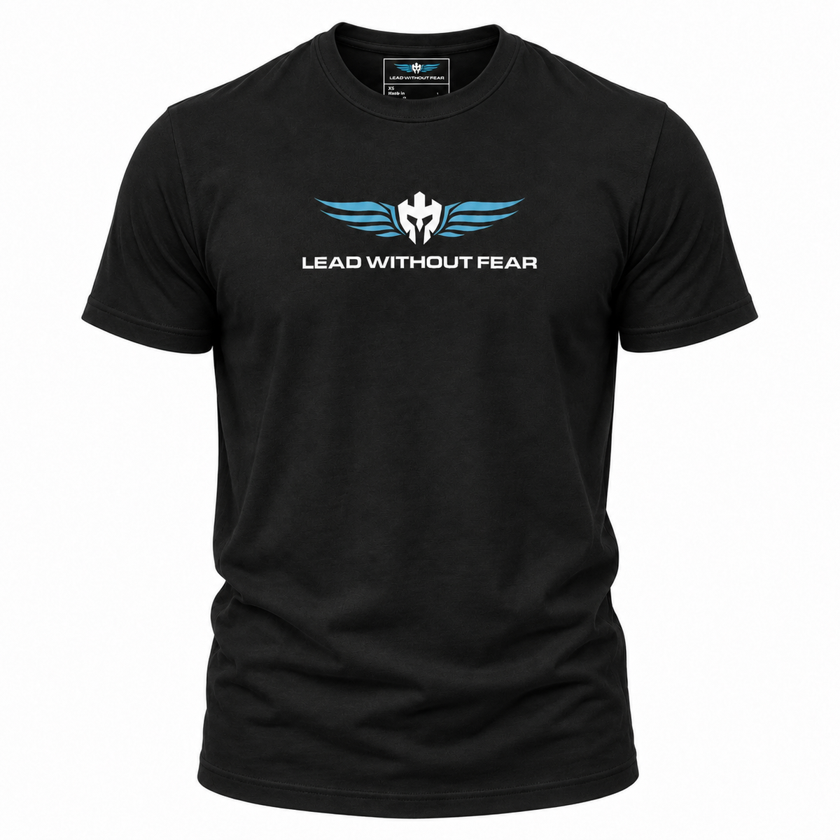 A black short-sleeve crewneck t-shirt featuring a white and blue graphic on the chest with the text 'LEAD WITHOUT FEAR' and a winged emblem, displayed on a solid white background.