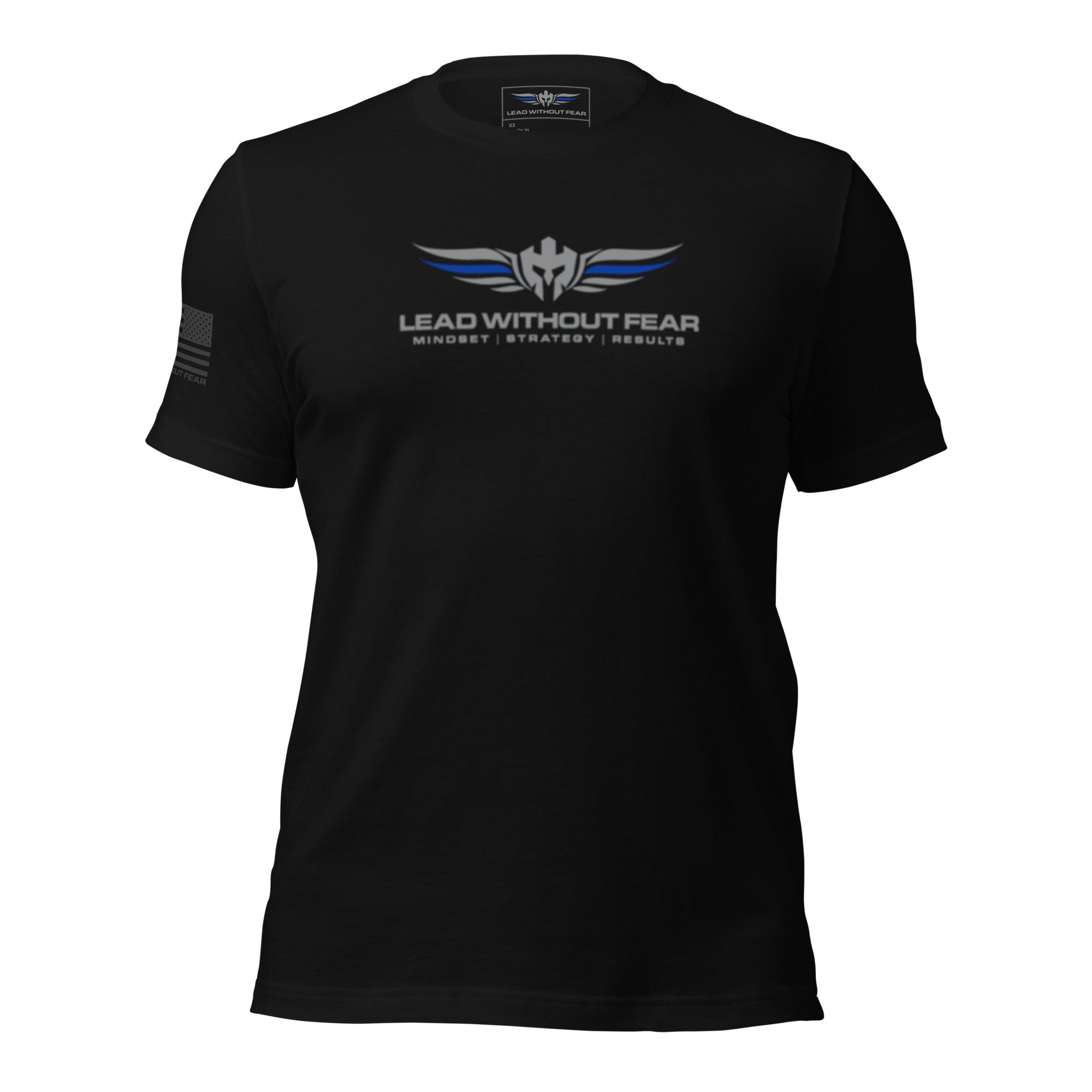 lead without fear thin blue line tee, front view, 100% combed ring-spun cotton