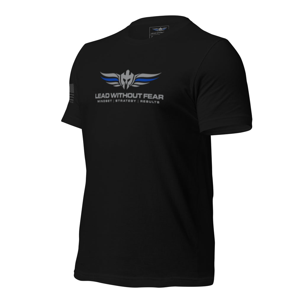 lead without fear thin blue line tee, front view, 100% combed ring-spun cotton