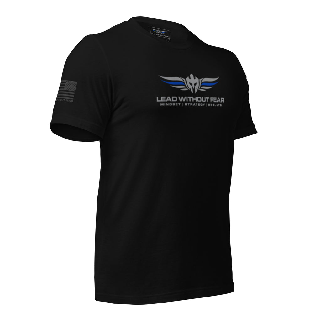 lead without fear thin blue line tee, front right quarter view, 100% combed ring-spun cotton